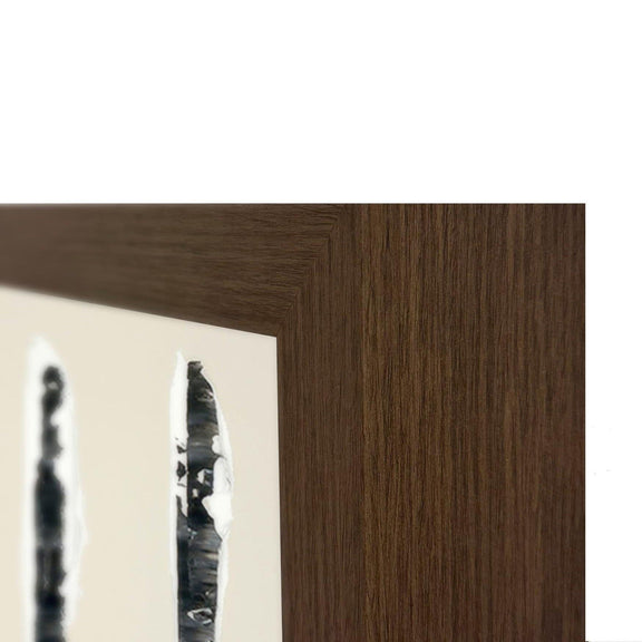 Walnut-finish frame corner for framed painting, close-up view