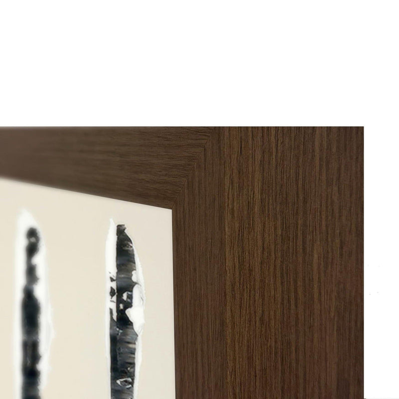 Walnut-finish frame corner for framed painting, close-up view