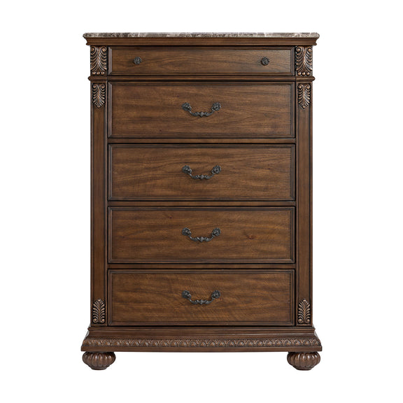 Brown wooden chest with four drawers and decorative side scroll accents