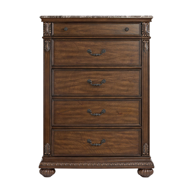 Brown wooden chest with four drawers and decorative side scroll accents