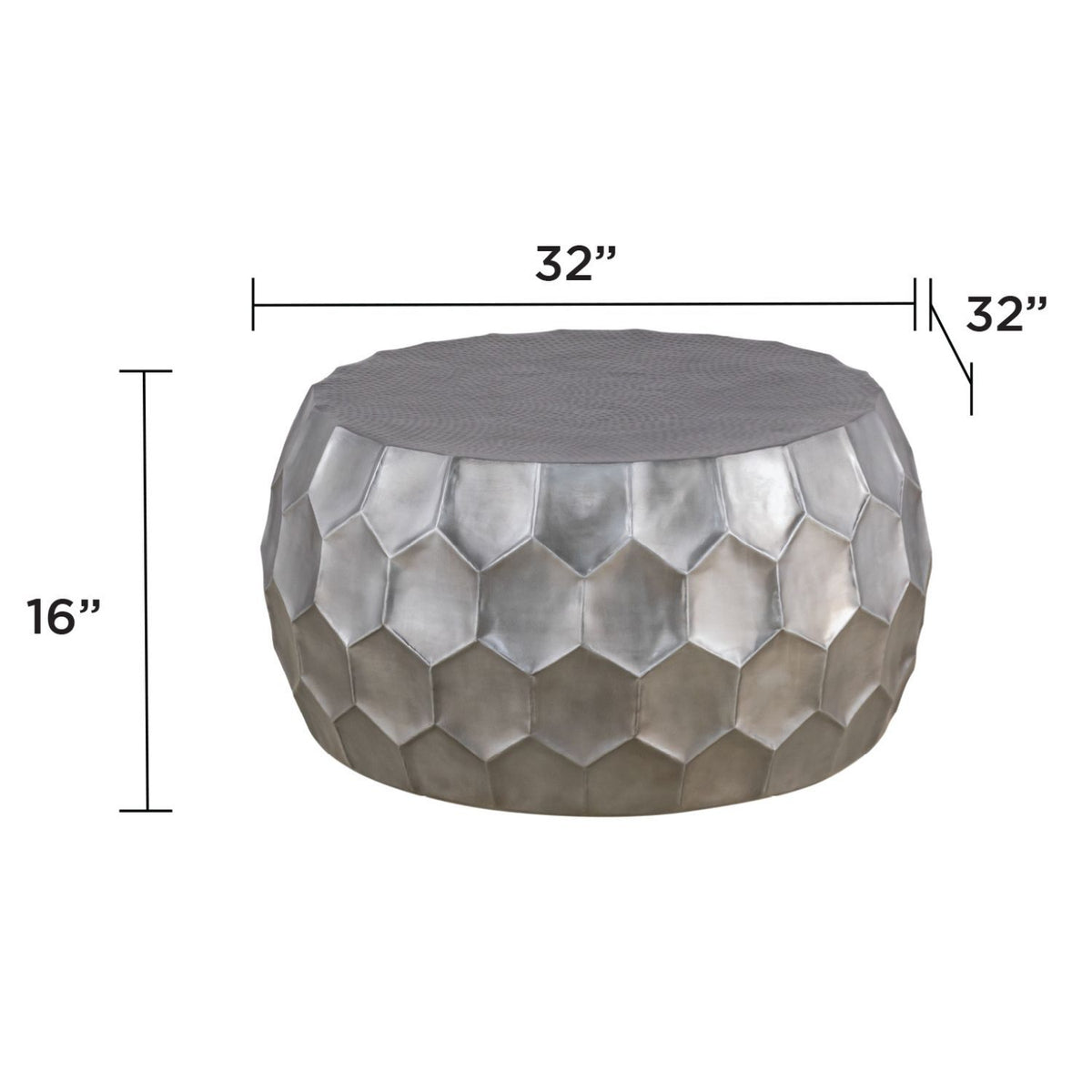 Round coffee table, bronze hex metal sides, gray top; 32in dia, 16in high