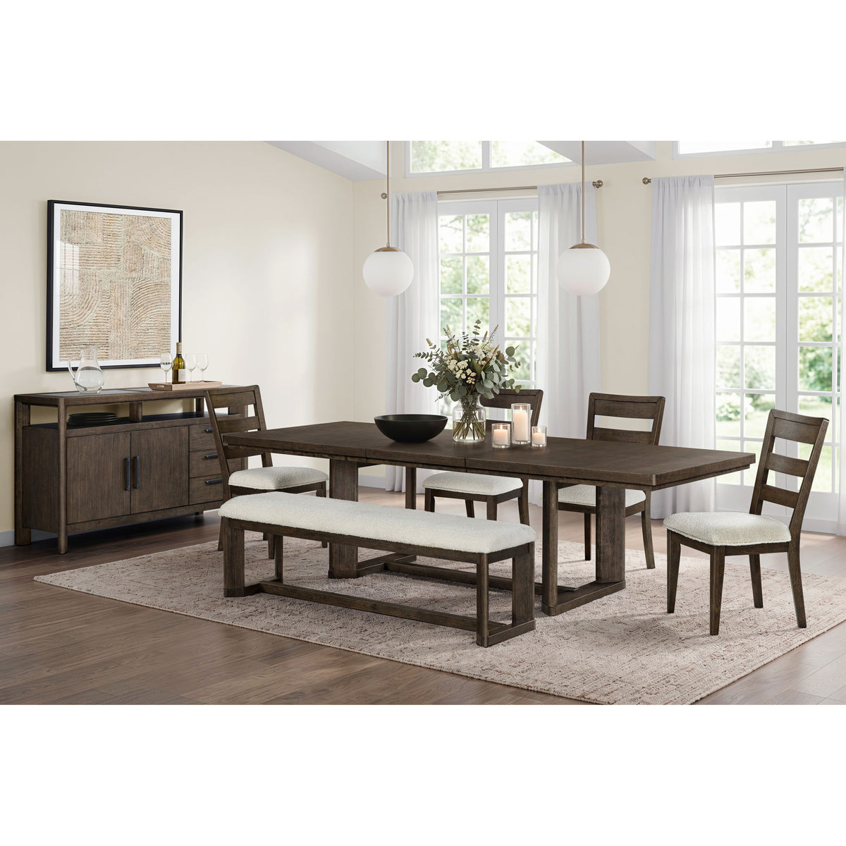 Backless upholstered dining bench with beige padded seat and warm wood base