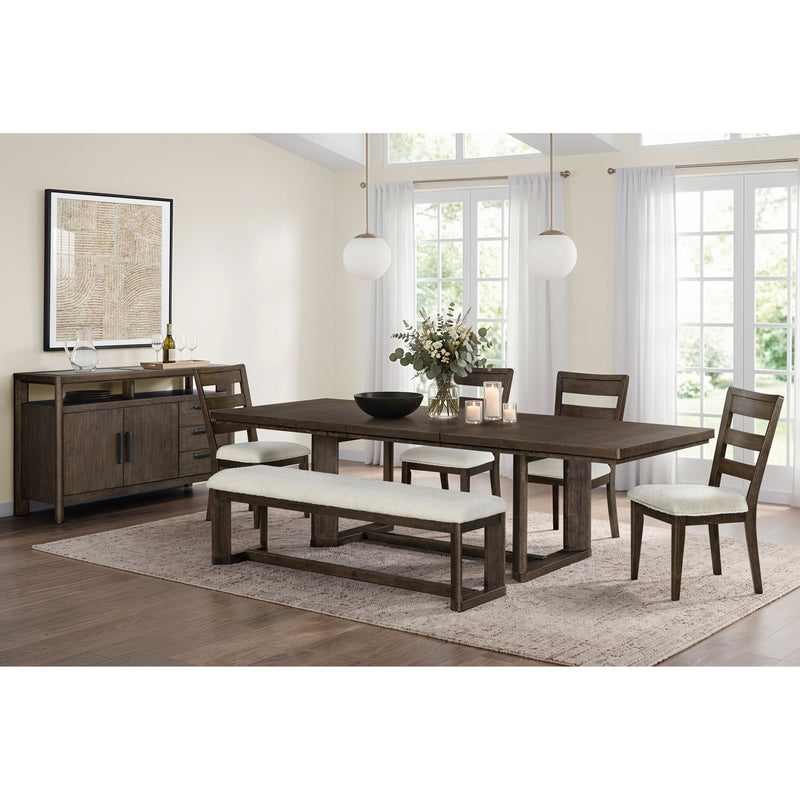 Backless upholstered dining bench with beige padded seat and warm wood base