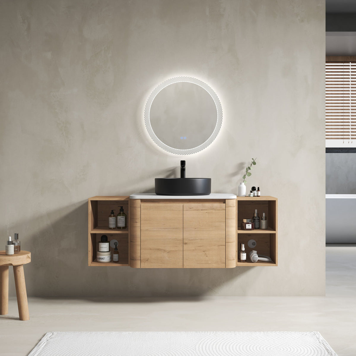 Wall bathroom vanity with white vessel sink and central cabinet door plus two side shelves