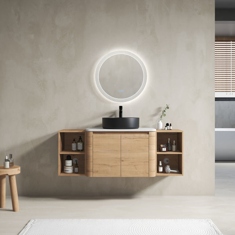 Wall bathroom vanity with white vessel sink and central cabinet door plus two side shelves