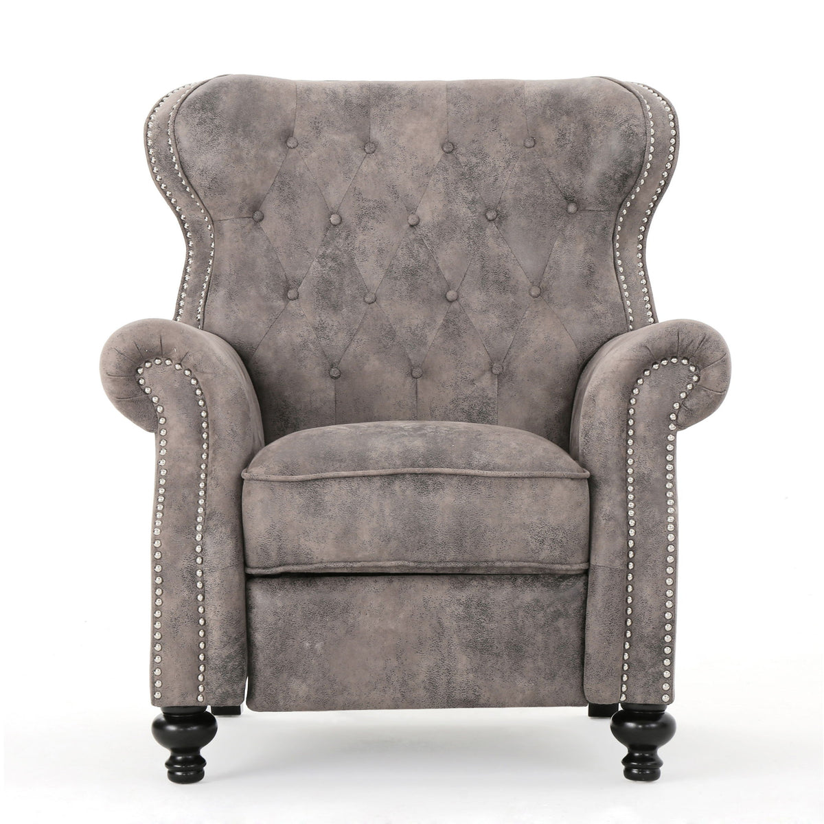 Dark gray recliner chair with tufted back, armrests, and rounded nailhead trim