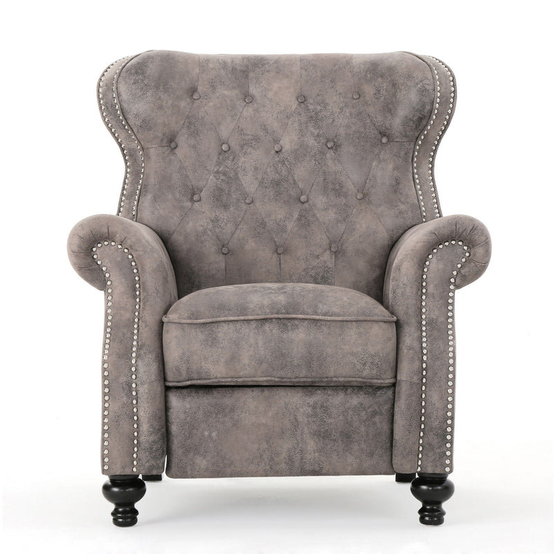 Dark gray recliner chair with tufted back, armrests, and rounded nailhead trim
