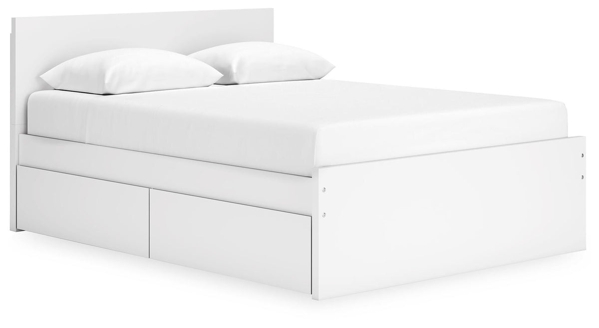 White panel platform bed with front drawer storage and curved-top pillow support