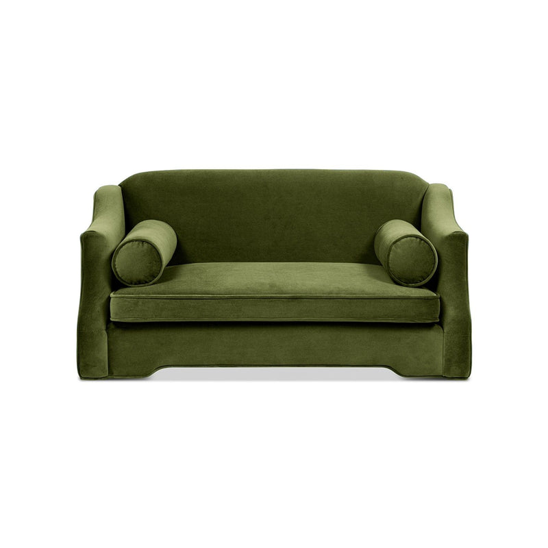 Green dog sofa bed with plush fabric seat, low back, and rounded arm bolsters