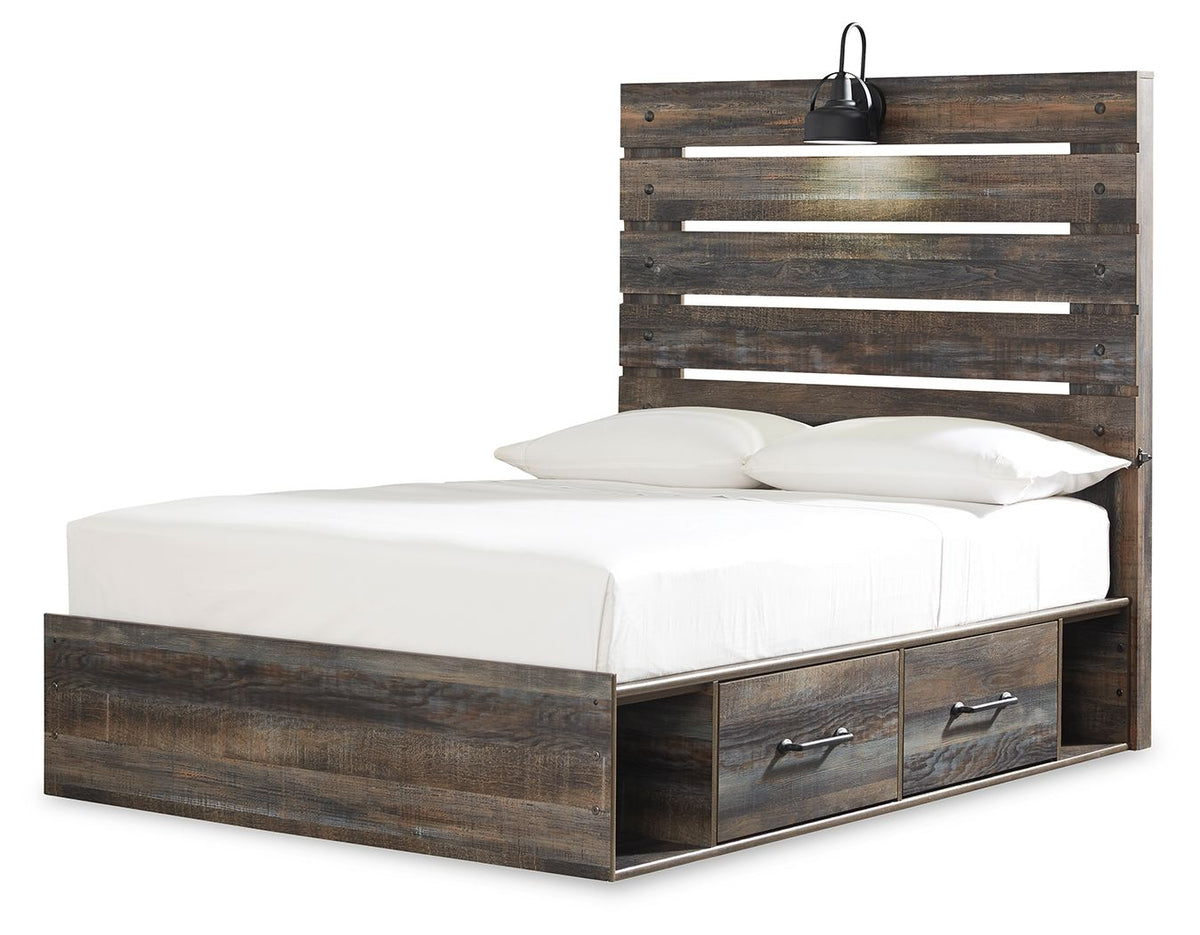Dark wood panel bed with slatted headboard, white pillows, and two front drawers