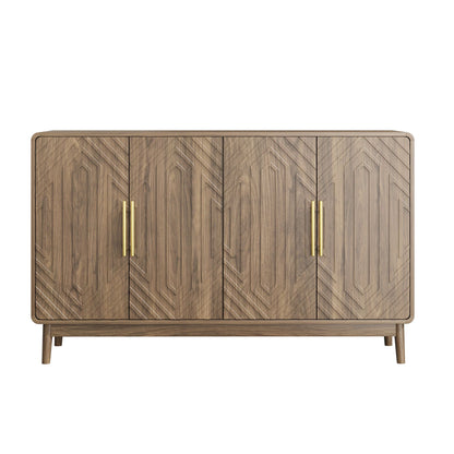 Dark brown sideboard cabinet with carved door panels and vertical gold bar handles
