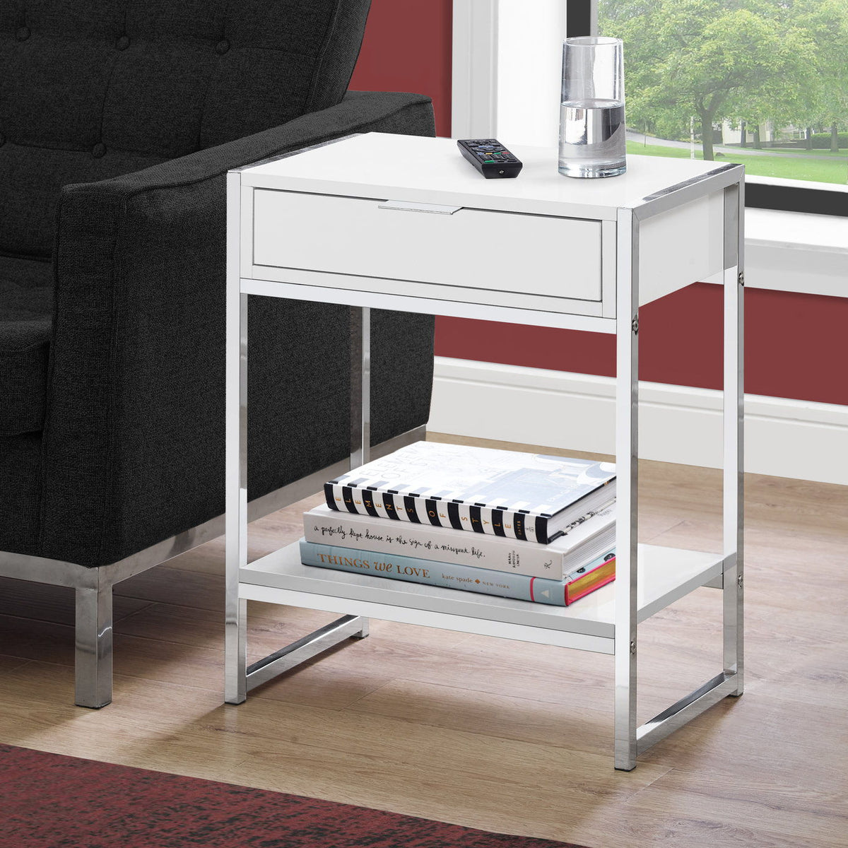 White side table with storage drawer and open lower shelf, metal frame