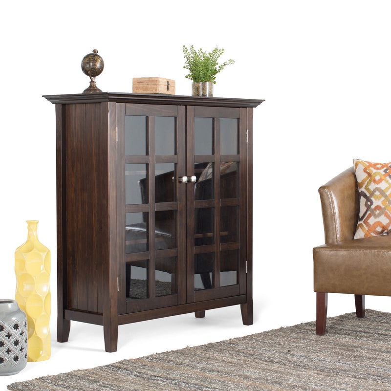Dark brown medium storage cabinet with glass-pane doors and side shelving