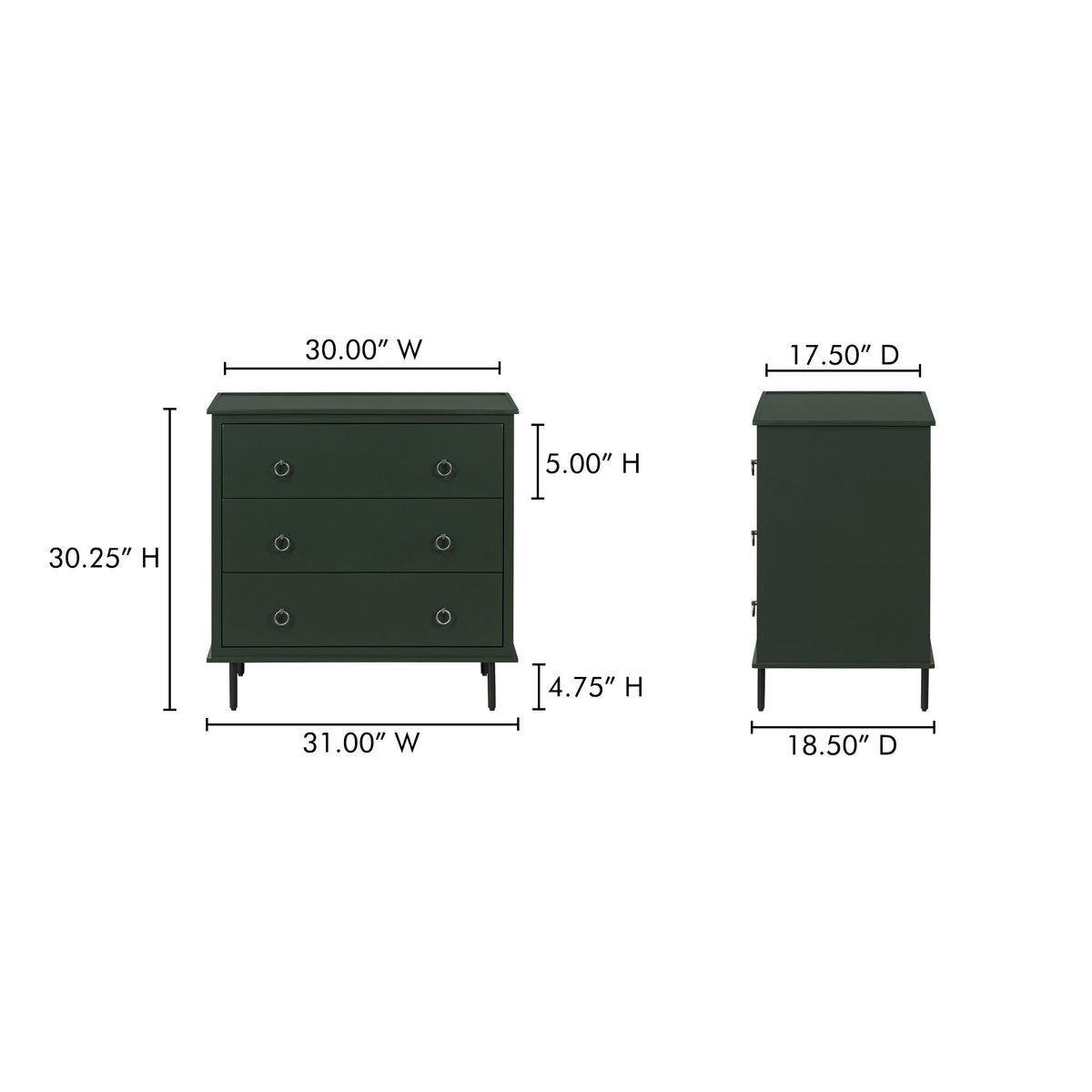 Deep green 3-drawer nightstand, side view with round pulls and short legs
