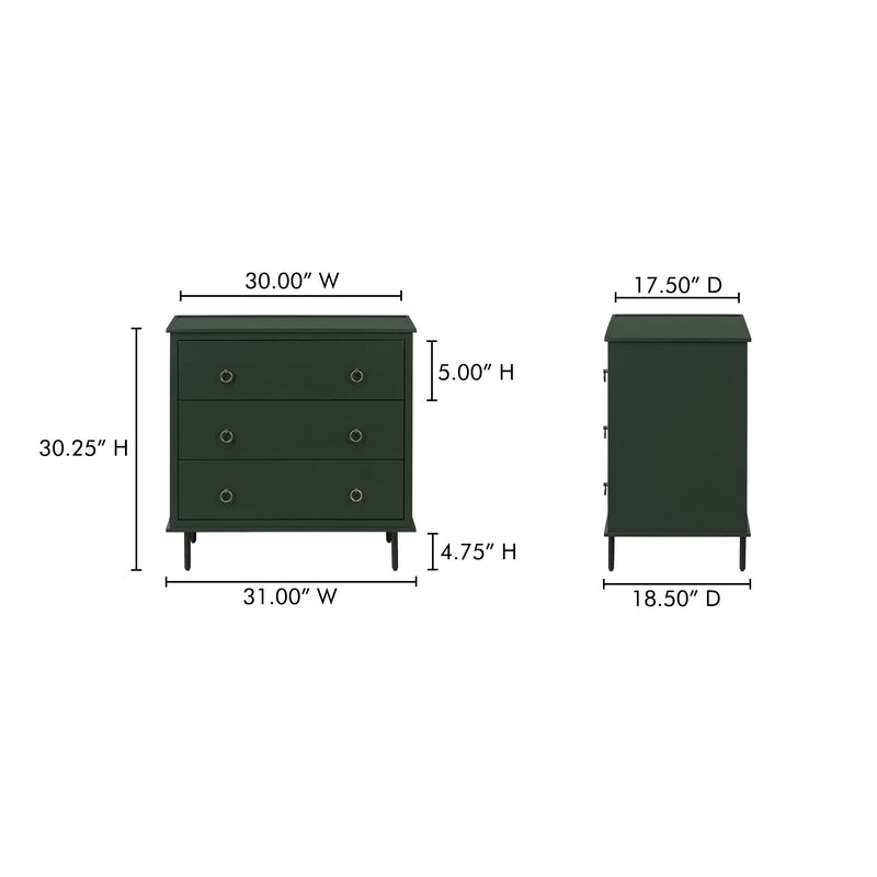 Deep green 3-drawer nightstand, side view with round pulls and short legs