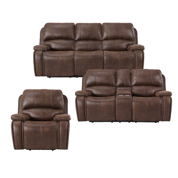 Atlantis dark brown living room set: sofa, loveseat, and recliner chairs with padded arms