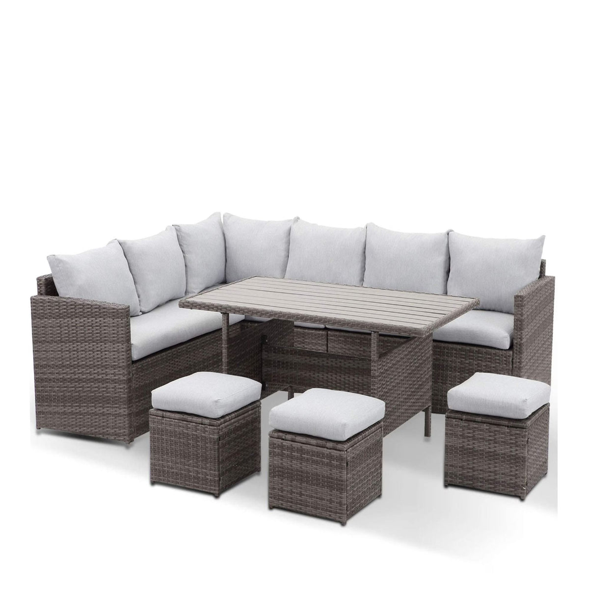 Gray cushion outdoor sectional dining set with dark wicker and rectangular table