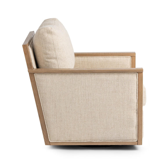 Beige linen accent chair angled view, padded back and seat, light wood arms