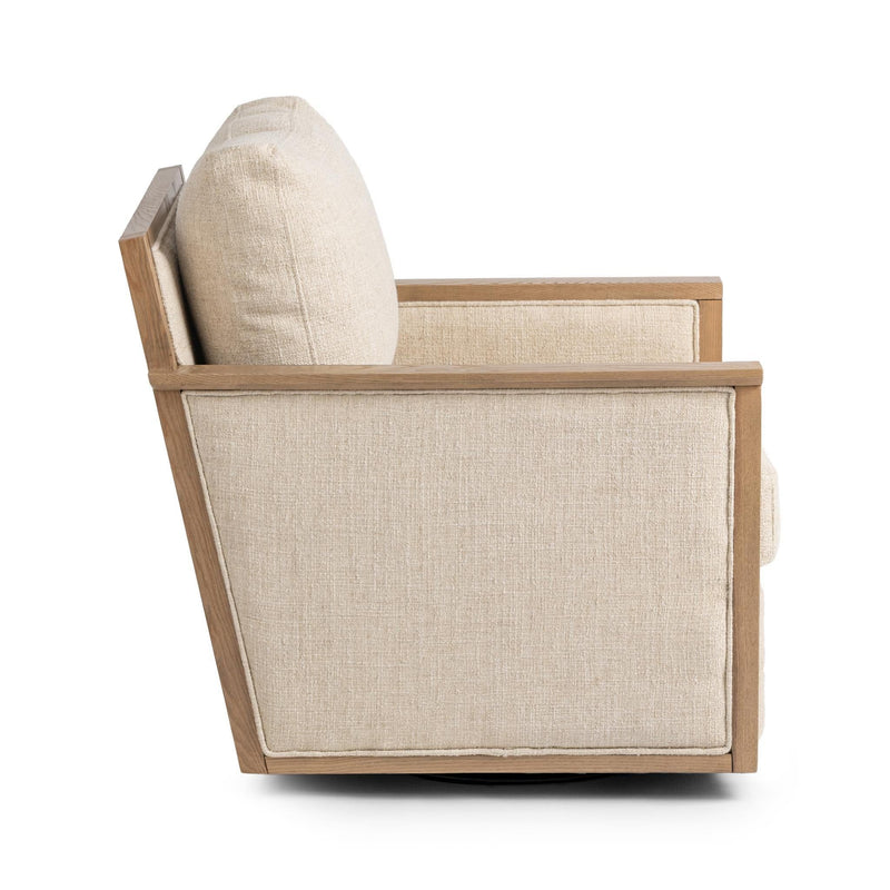 Beige linen accent chair angled view, padded back and seat, light wood arms