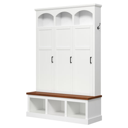 White hall tree with arched top cubbies, three cabinet doors, and lower open storage