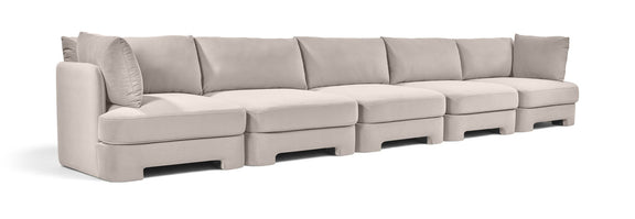 Hammond 5-piece velvet sectional sofa in beige with track arms and box seat cushions
