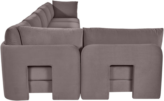 Taupe armless sectional sofa with square panel detailing and plush back pillows