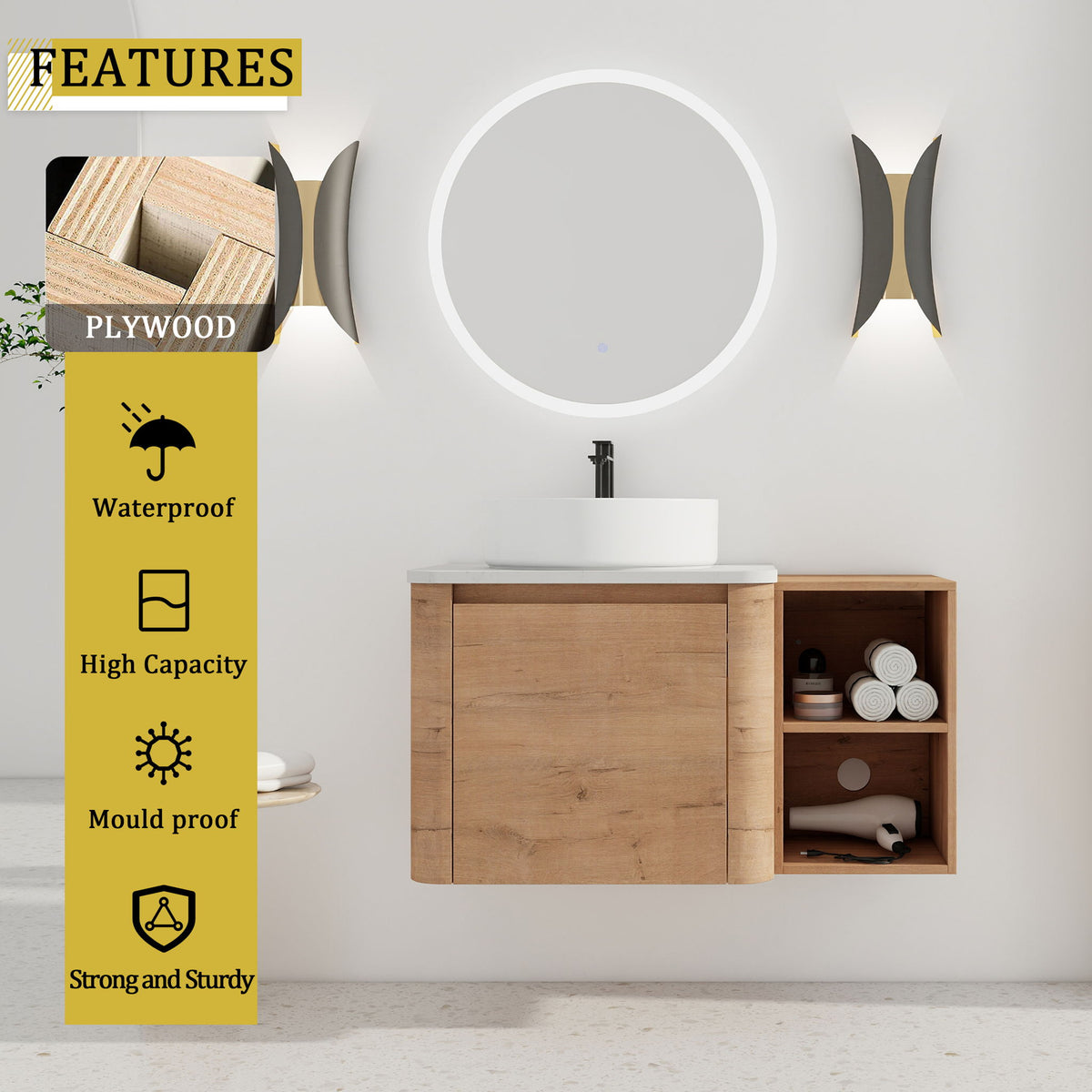 Wall-mounted bathroom vanity with white art sink, open right shelf, and soft-close doors