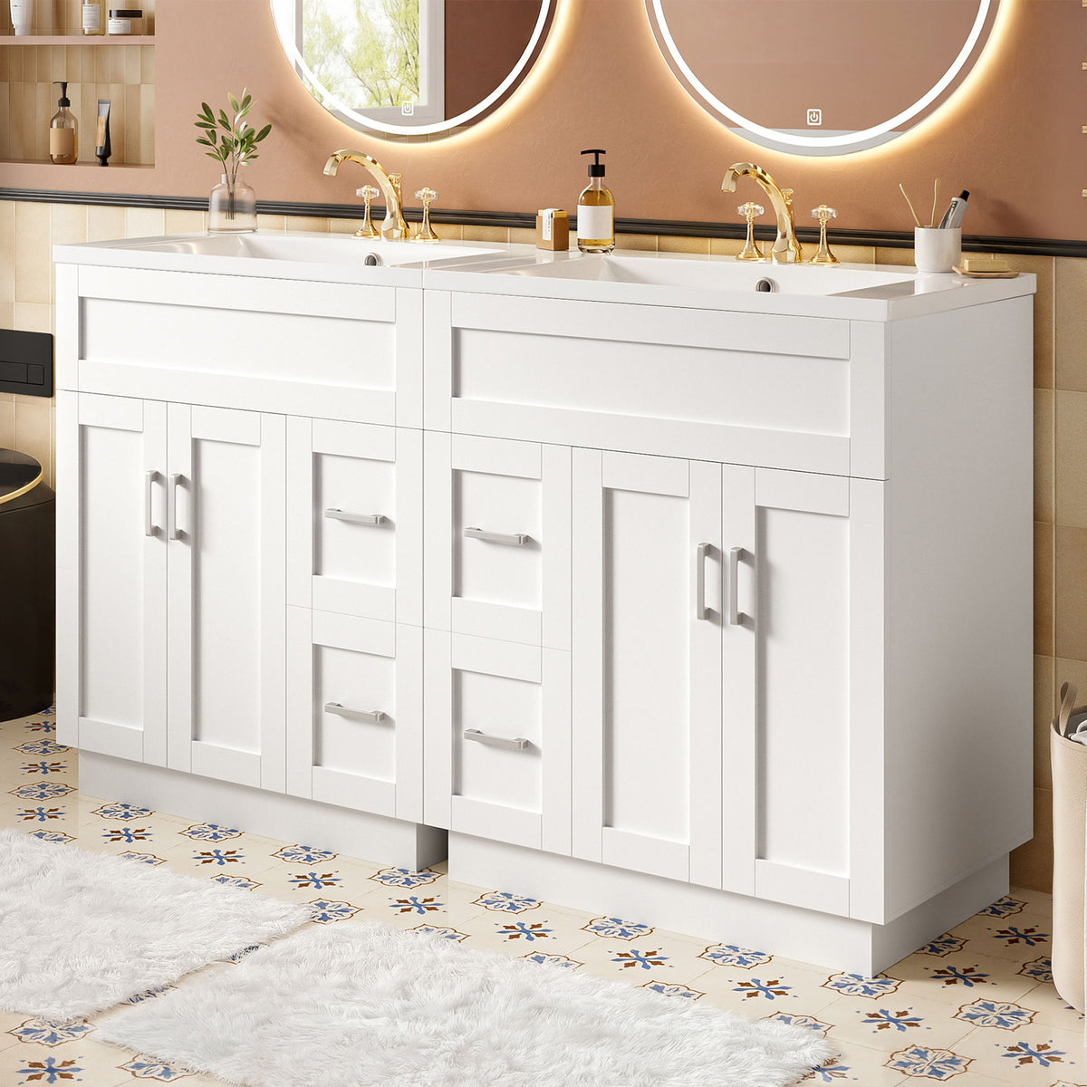 White bathroom vanity with double sinks, two doors, drawers, and countertop bar pulls.