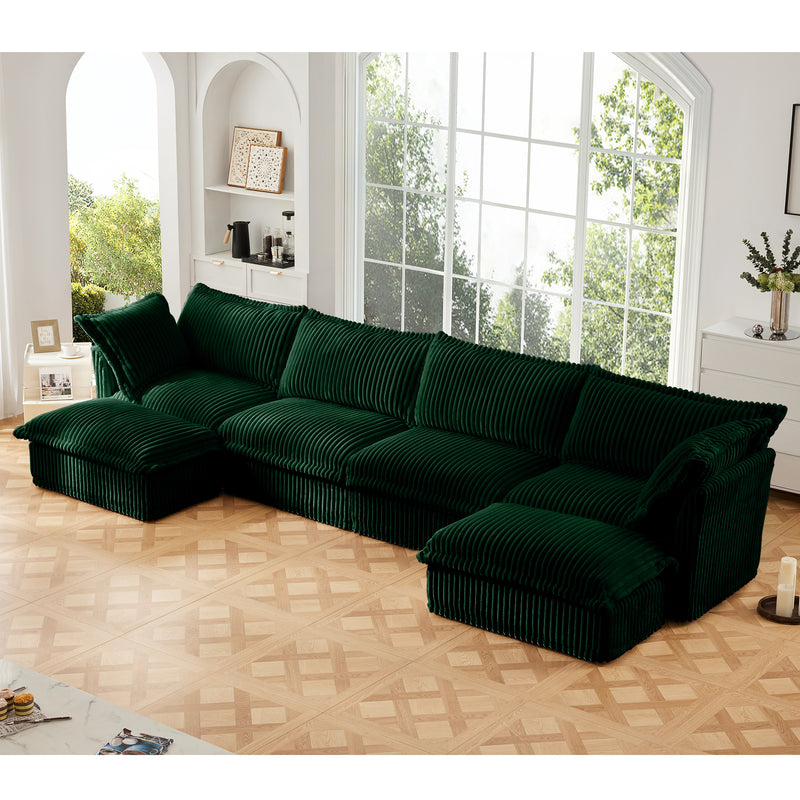 4-Seater Slipcovered U-Shaped Corduroy Sectional Sofa - Green Corduroy