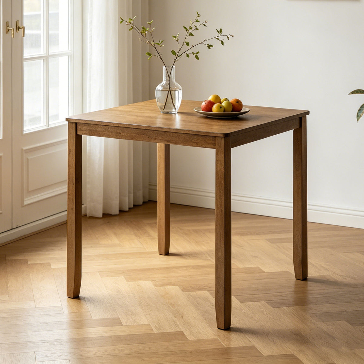 Square oak counter-height dining table with smooth top and tapered legs