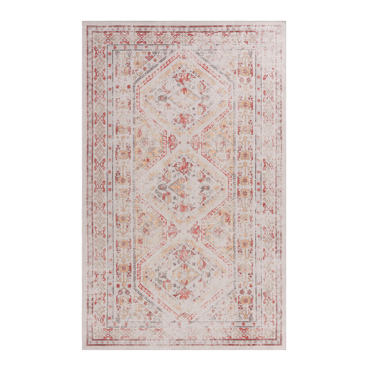 Cream area rug with faded red geometric motifs, rectangular 2x3 ft