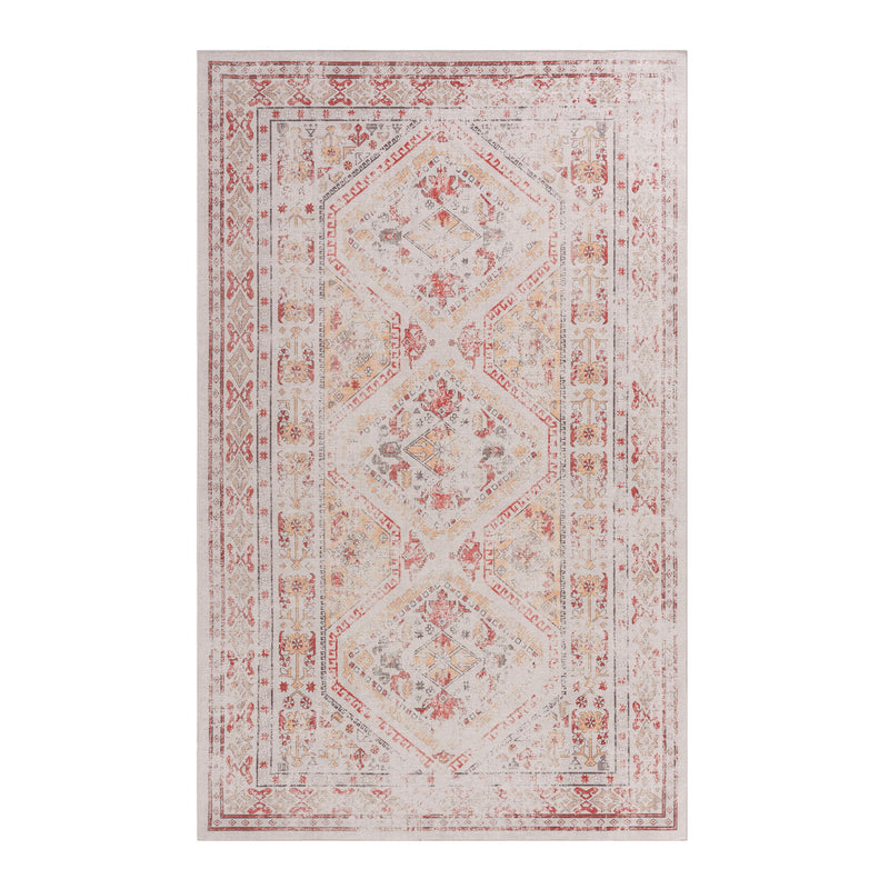Cream area rug with faded red geometric motifs, rectangular 2x3 ft