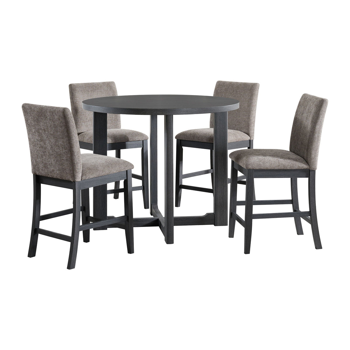 5-piece counter set: round dark espresso table and four gray upholstered bar stools
