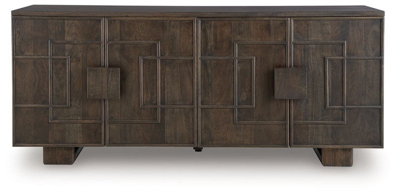 Dark brown accent cabinet front view with multiple recessed square door panels