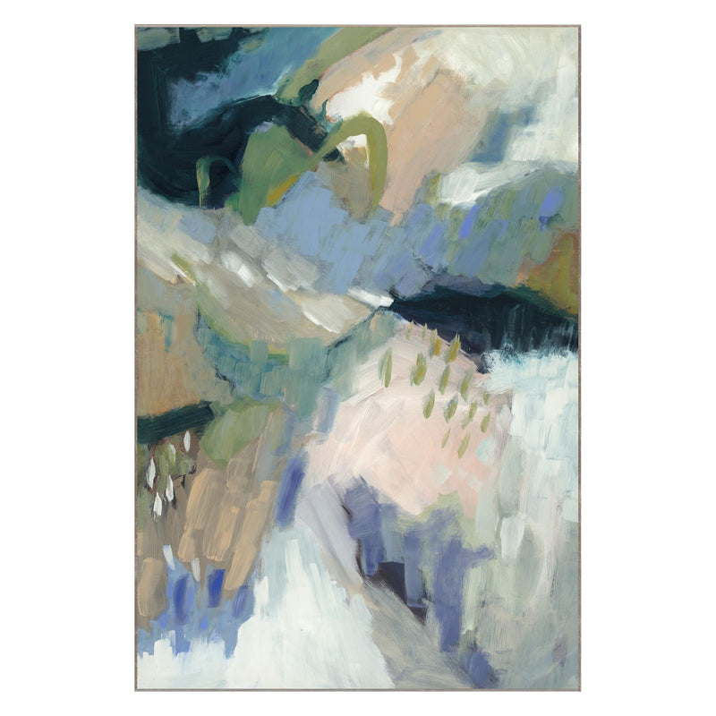 Framed abstract painting by Buddy Whitlock in blue-green with white textured highlights