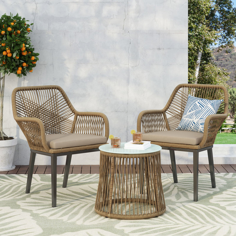 Conversation Set With Tempered Glass Table Top - Light Brown
