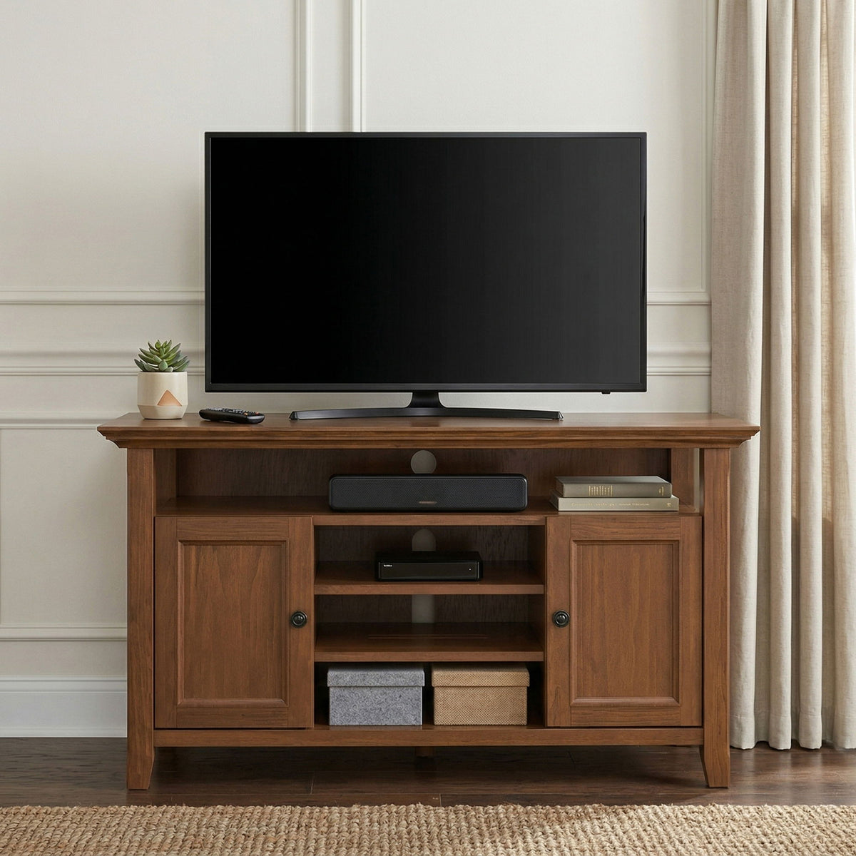 Medium saddle brown TV media stand with two cabinet doors and open shelf center