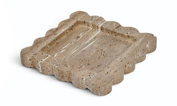 Natalie travertine tray with scalloped edge; speckled gray-beige stone, shallow center well.