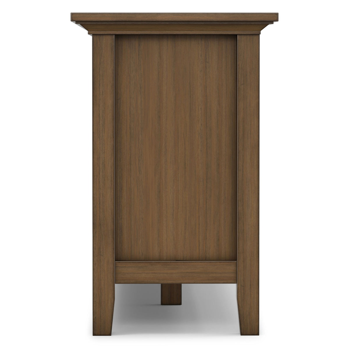 Rustic TV media stand front panel with hinged door and stepped top rail, aged brown