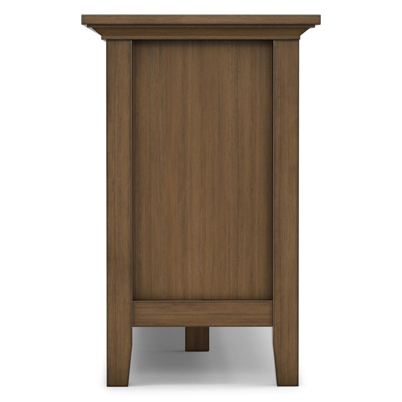 Rustic TV media stand front panel with hinged door and stepped top rail, aged brown
