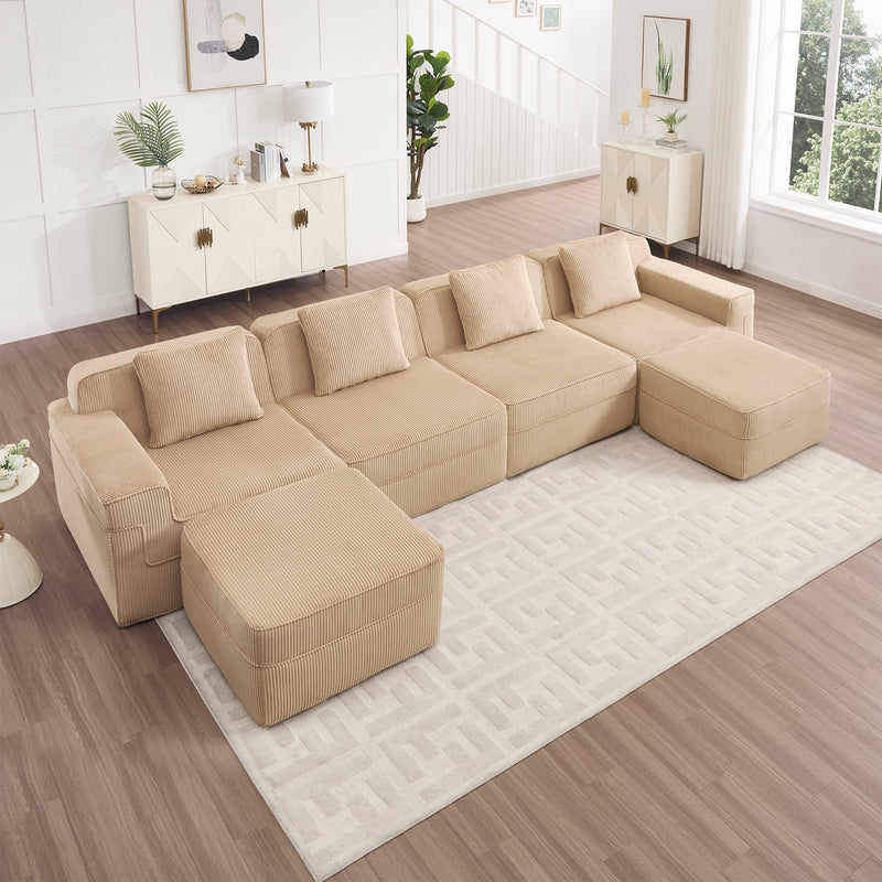 4-Seater Modular U-Shaped Corduroy Sectional Sofa - Camel Corduroy