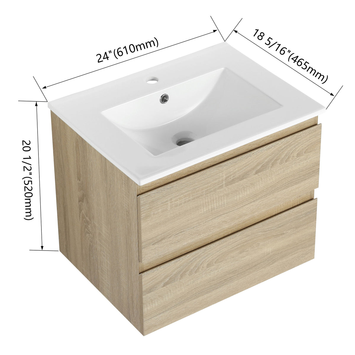 Wall-mounted bathroom vanity with white countertop sink and two light brown soft-close drawers