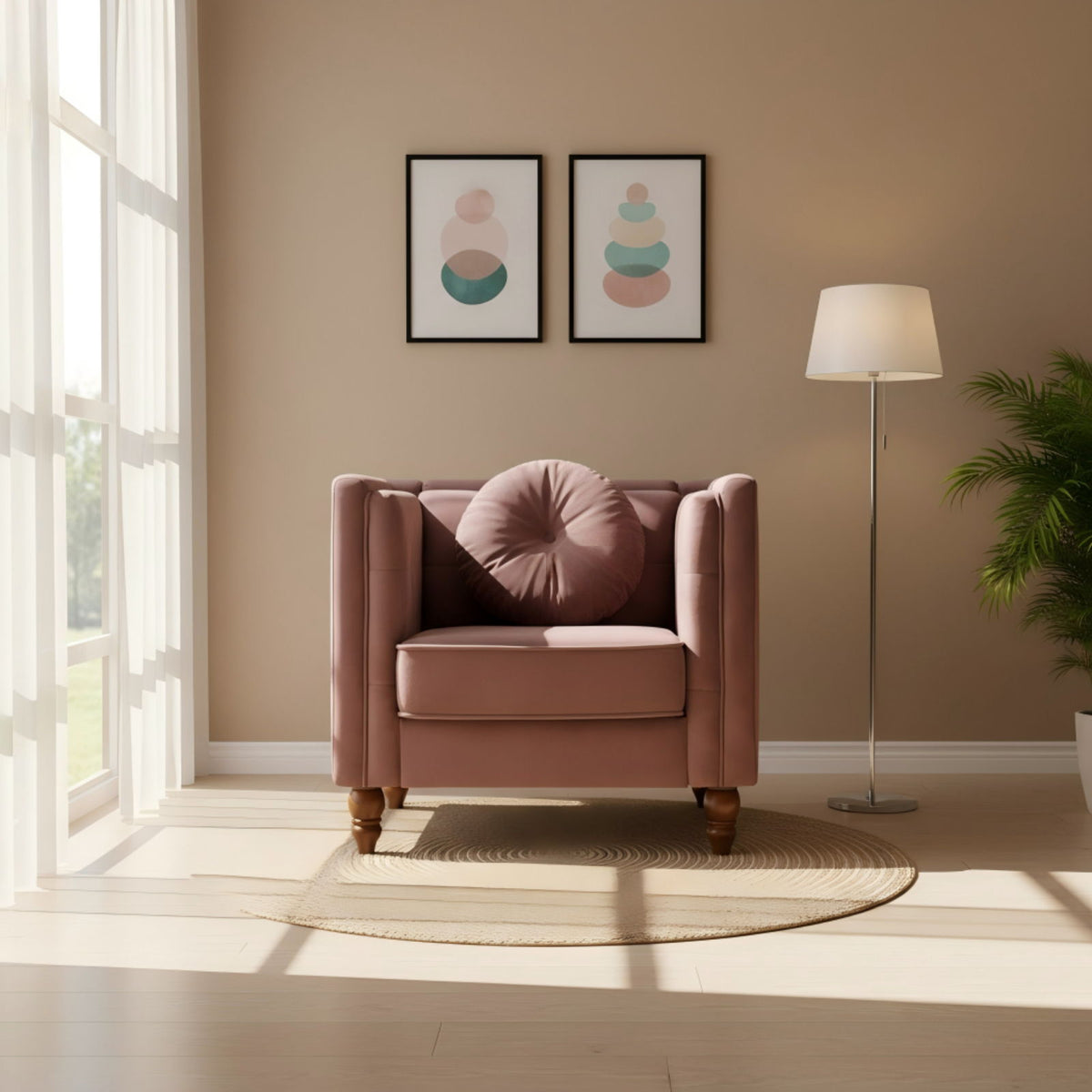 Blush pink tufted square-arm accent side chair with cushioned seat and arms