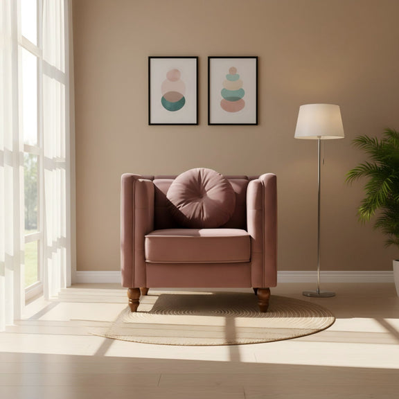 Blush pink tufted square-arm accent side chair with cushioned seat and arms