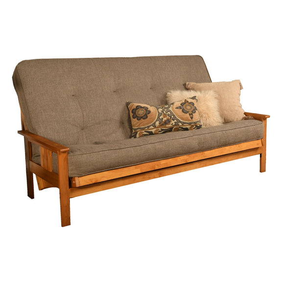 Queen-size futon frame sofa with gray fabric, tufted back, and patterned accent pillows