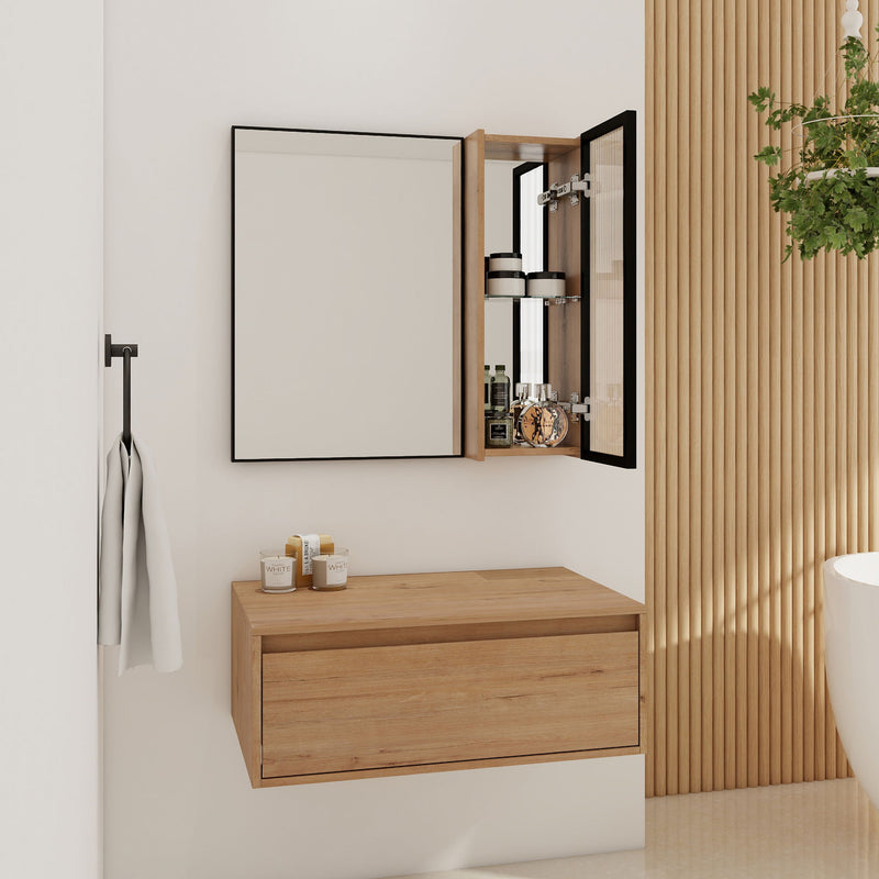Imitative oak wall mirror cabinet, open door showing shelves and mirrored back