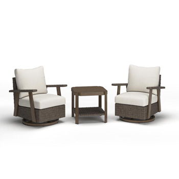 Three-piece patio furniture set with two brown chairs, beige cushions, and a matching table
