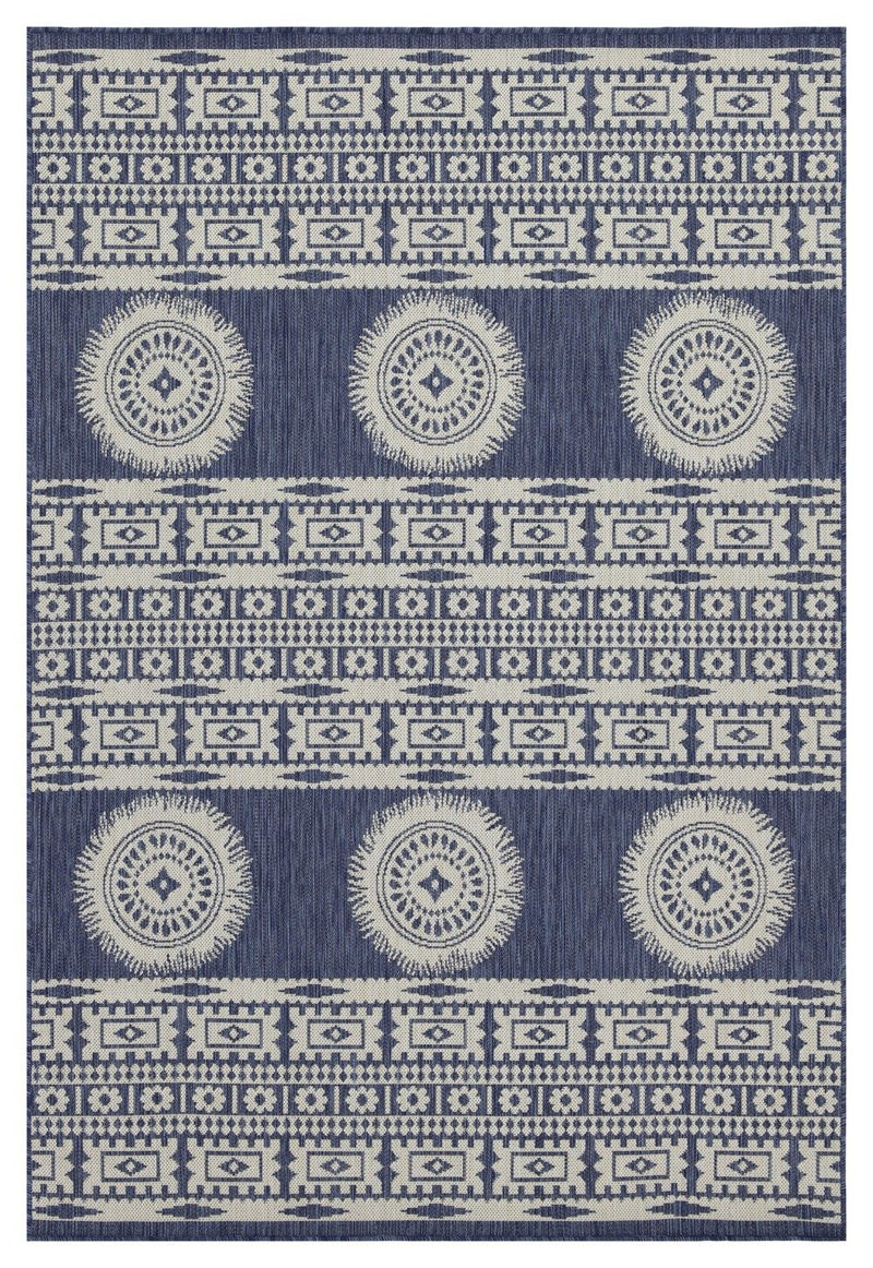 Navy and white polypropylene area rug with circular medallion and repeating border pattern