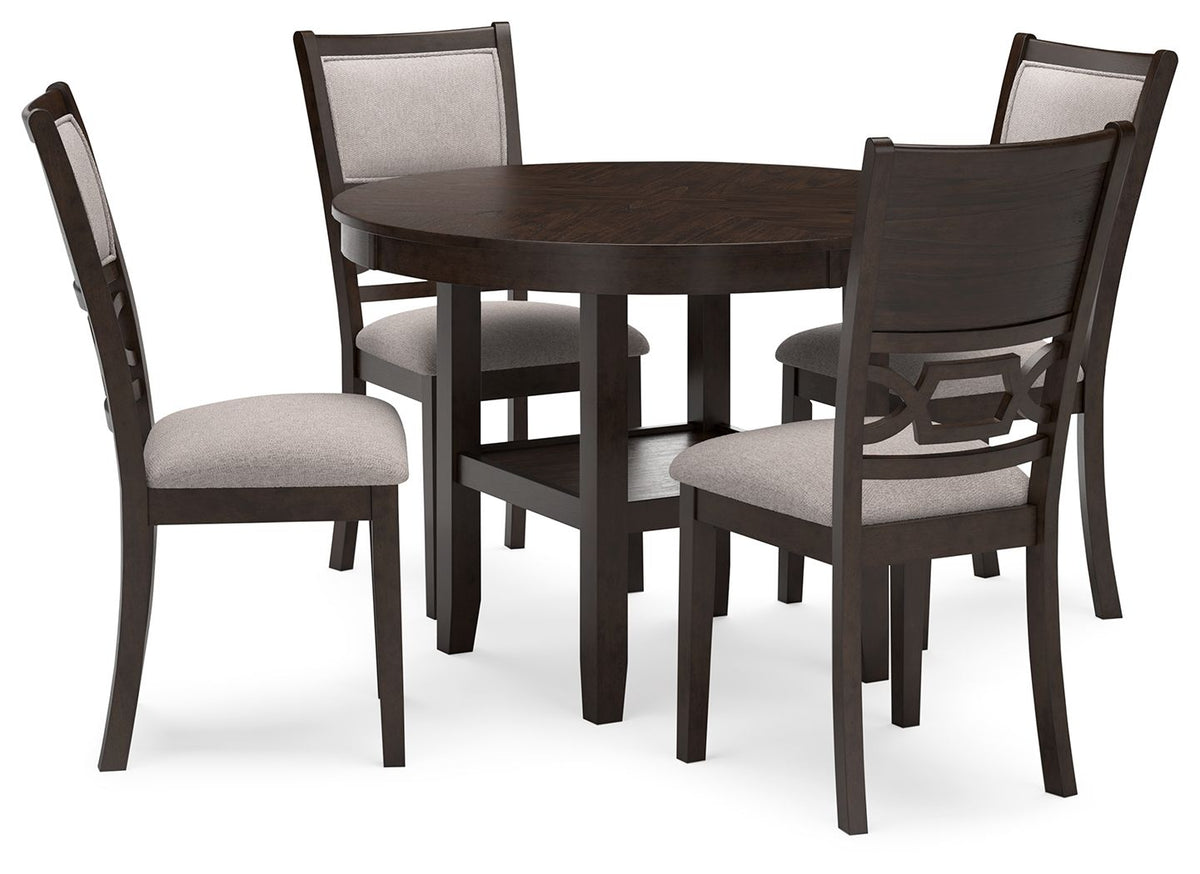 Brown dining table set with round tabletop and 4 upholstered chairs