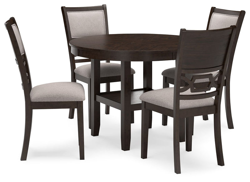 Brown dining table set with round tabletop and 4 upholstered chairs